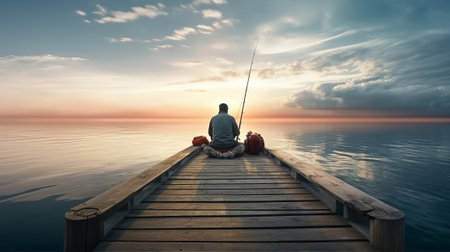 Fisherman with his fishing rod sitting on the dock. Generative AI.の素材
