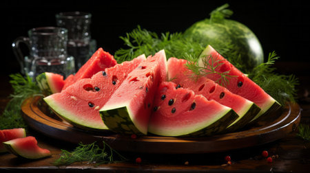 Watermelon cut in half on table. Generative AI.の素材