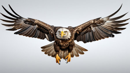 Bald eagle flying isolated on white background. Generative AI.の素材