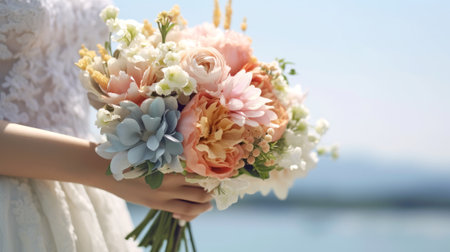 Close-up of brides hands with beautiful wedding bouquet. Generative AI.の素材