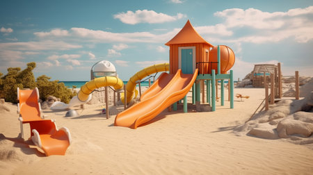 Outdoor play area with a slides on the beach. Generative AI.の素材
