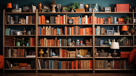 Bookshelf filled with lots of books. Generative AI.の素材
