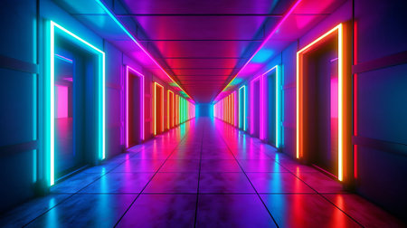 Neon light hallway with fluorescent colors. Generative AI.の素材