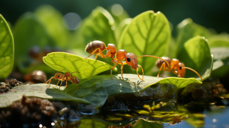 Ants on the leaf. Generative AI.の素材