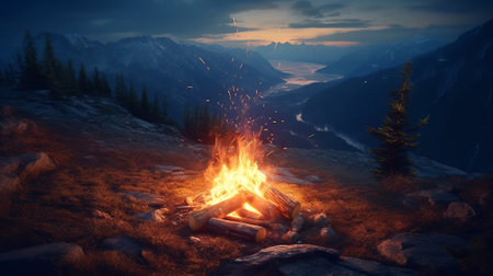 Campfire At The Top of the mountain. Generative AI.の素材