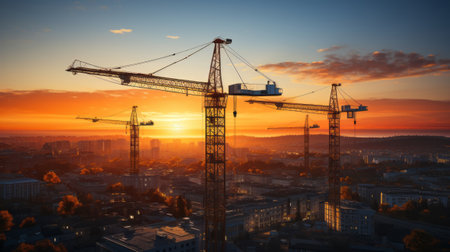 Construction cranes silhouette at sunset. Generative AI.の素材