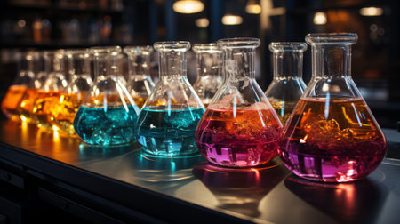 Laboratory glassware with liquid. Generative AI.の素材