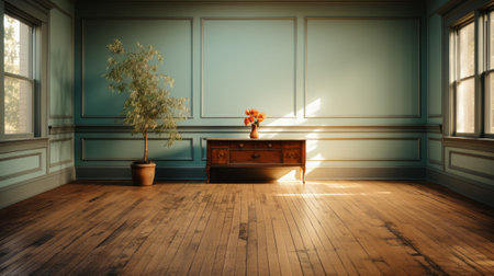 Empty room with hard wood flooring and radiator. Generative AI.の素材