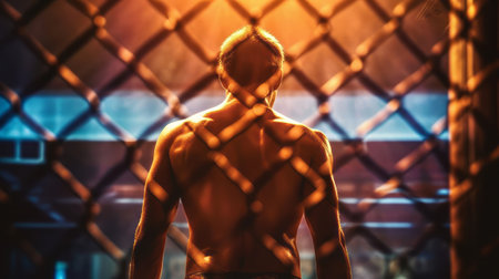 MMA fighter in the cage back view. Generative AI.の素材