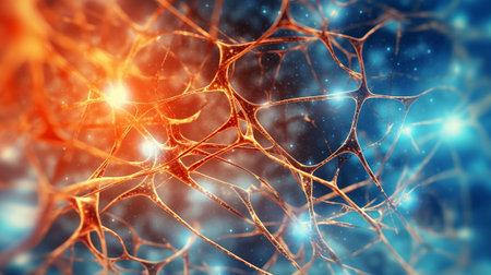 Interconnected nodes representing neurons. Generative AI.の素材