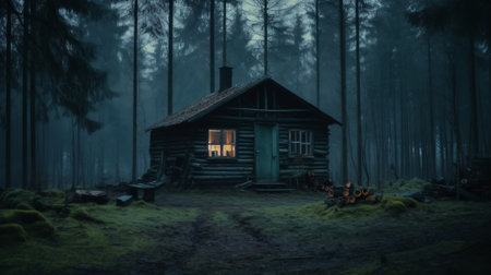 Creepy cabin in the forest. Generative AI.の素材