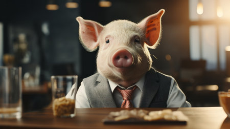 A pig in a suit and tie sits at a table. Generative AI.の素材
