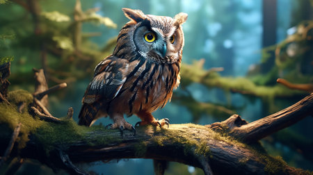 Owl on a branch close-up. Generative AI.の素材