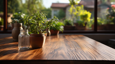 Empty table and copy space with blurred living. Generative AI.の素材