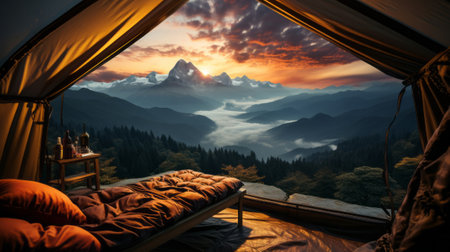 View of the mountain through the window. Generative AI.の素材