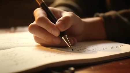 Close-up of students hand writing with pen in classroom. Generative AI.の素材