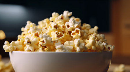 Popcorn on the couch close-up. Generative AI.の素材