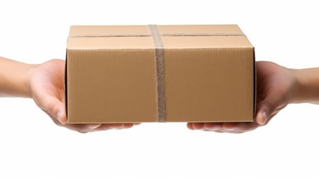 Close up of hands giving cardboard box isolated on white background. Generative AI.の素材