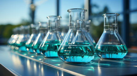Laboratory glassware with liquid. Generative AI.の素材