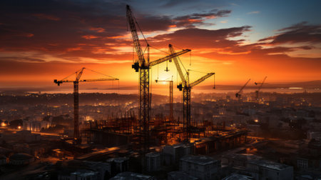 Construction cranes silhouette at sunset. Generative AI.の素材