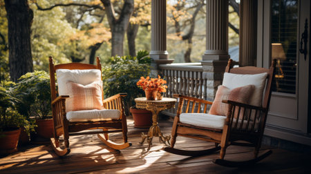 Porch with rocking chairs. Generative AI.の素材