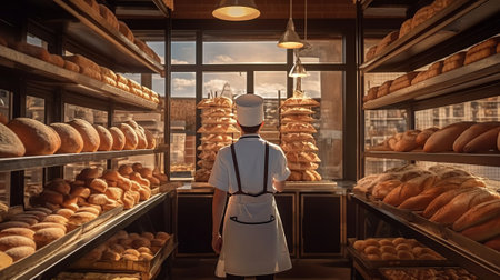 Man baker in bakery shop back view. Generative AI.の素材