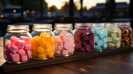 Row of glass jars filled with different colore. Generative AI.の素材