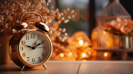 Alarm clock on a table with blur bed room. Generative AI.の素材