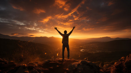 Silhouette of a man jumping into the air. Generative AI.の素材