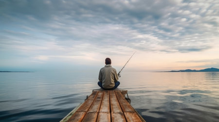 Fisherman with his fishing rod sitting on the dock. Generative AI.の素材