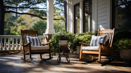 Porch with rocking chairs. Generative AI.の素材