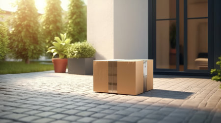 Blank cardboard box package delivered to the front door. Generative AI.の素材