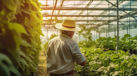 Farmer in a greenhouse back view. Generative AI.の素材