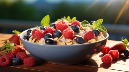 bowl healthy breakfast cereal with blueberries. Generative AI.の素材
