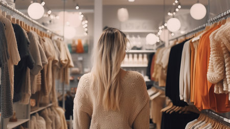 Young girl shopping in a clothing store back view. Generative AI.の素材