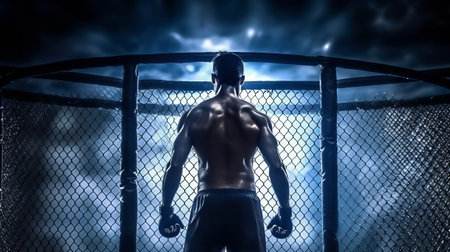 MMA fighter in the cage back view. Generative AI.の素材