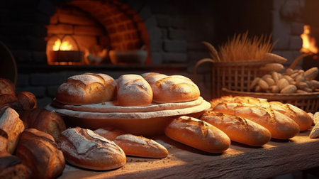 Lose-up Freshly Baked Bread at bakery. Generative AI.の素材