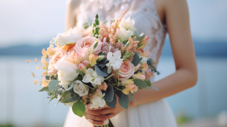 Close-up of brides hands with beautiful wedding bouquet. Generative AI.の素材