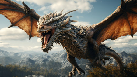 Dragon flying in the sky. Generative AI.の素材