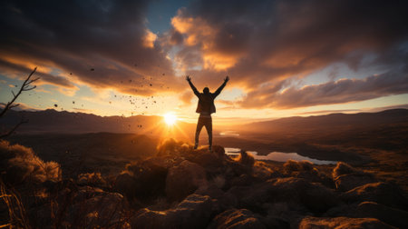 Silhouette of a man jumping into the air. Generative AI.の素材