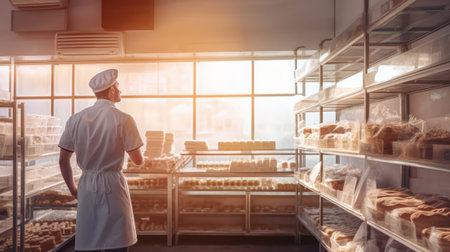 Man baker in bakery shop back view. Generative AI.の素材