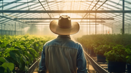 Farmer in a greenhouse back view. Generative AI.の素材