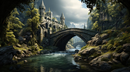 Bridge over the river. Generative AI.の素材