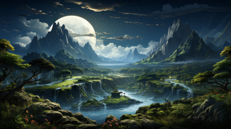 Illustration of beautiful fantasy landscape. Generative AI.の素材