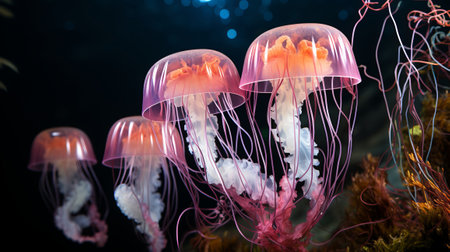 Jellyfish with long and pink tentacles. Generative AI.の素材