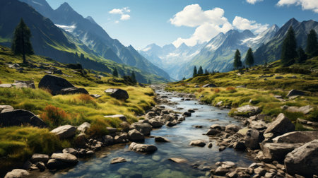 Lake in mountains. Generative AI.の素材