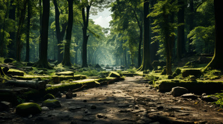 Lush green forest with fallen leaves and tree. Generative AI.の素材