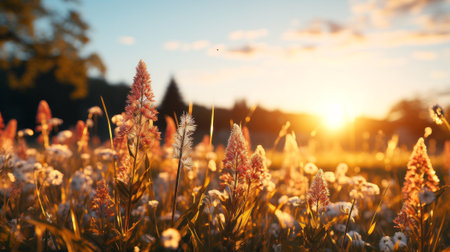 Meadow landscape refreshment with sunray. Generative AI.の素材