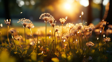 Meadow landscape refreshment with sunray. Generative AI.の素材
