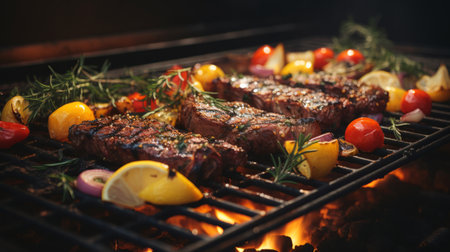 Meat and vegetables cooking on a grill close-up. Generative AI.の素材